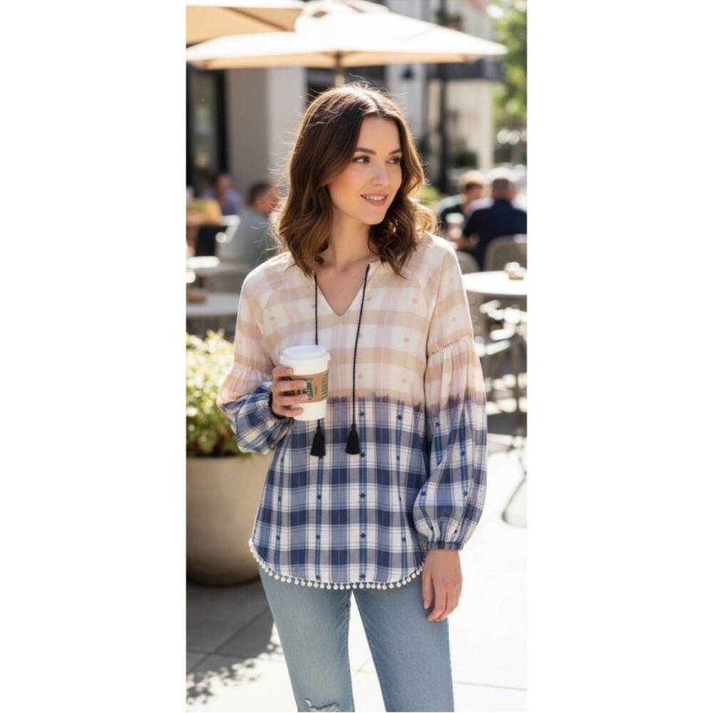 JAG Jeans Elliott Dip Dye Plaid Peasant Blouse Medium